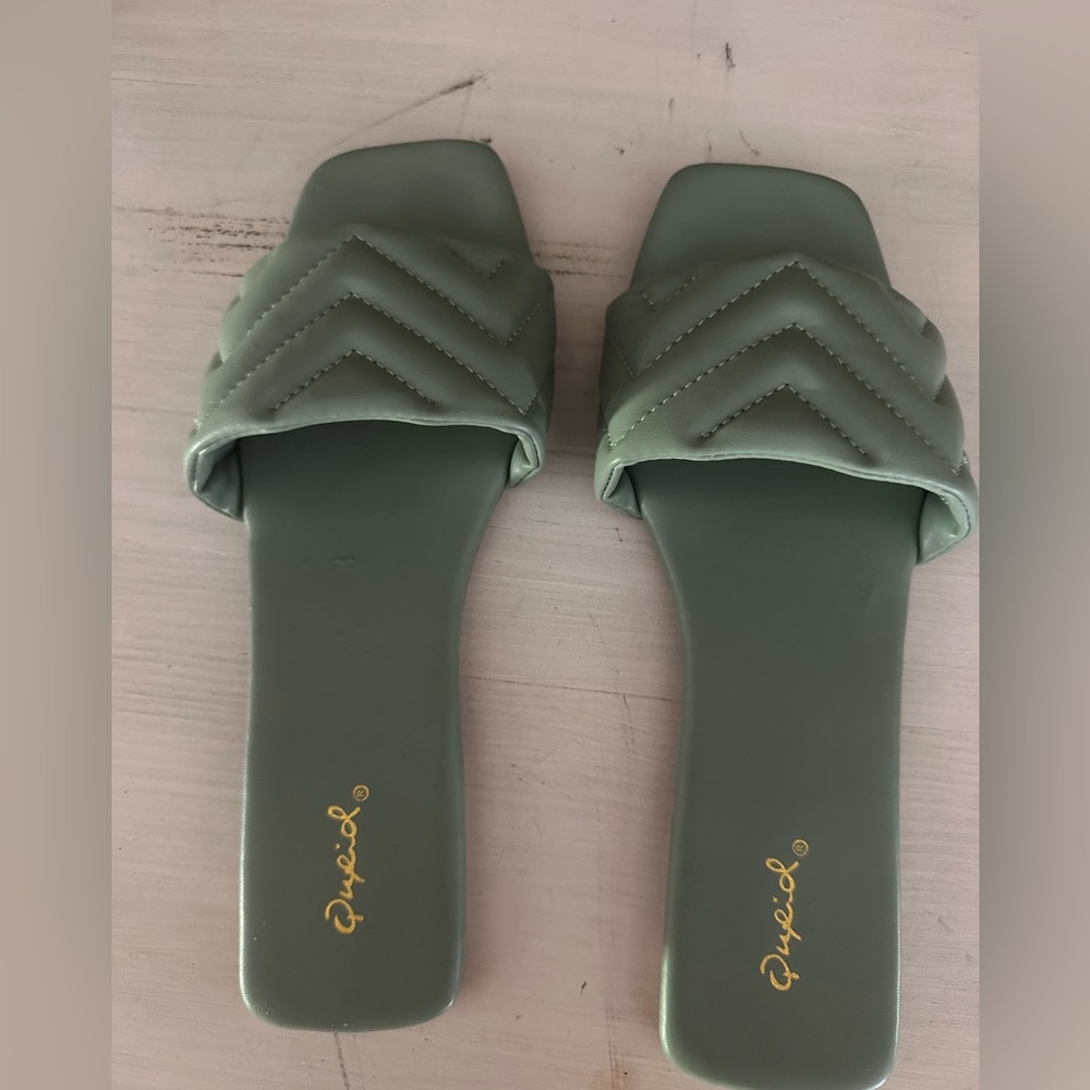 Sage green slip on sandals slides square toe